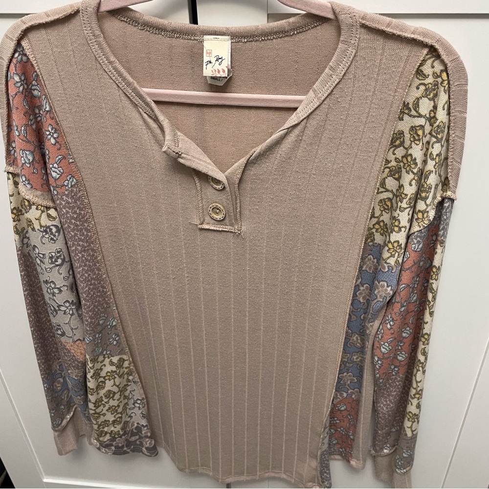 7th Ray Tan Floral Patchwork Button Down Shirt